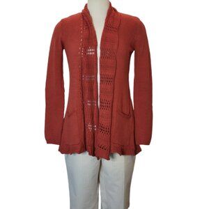 Angel of the North, Deep Orange Knit w Crochet Detail Cardigan Sweater, Size M.